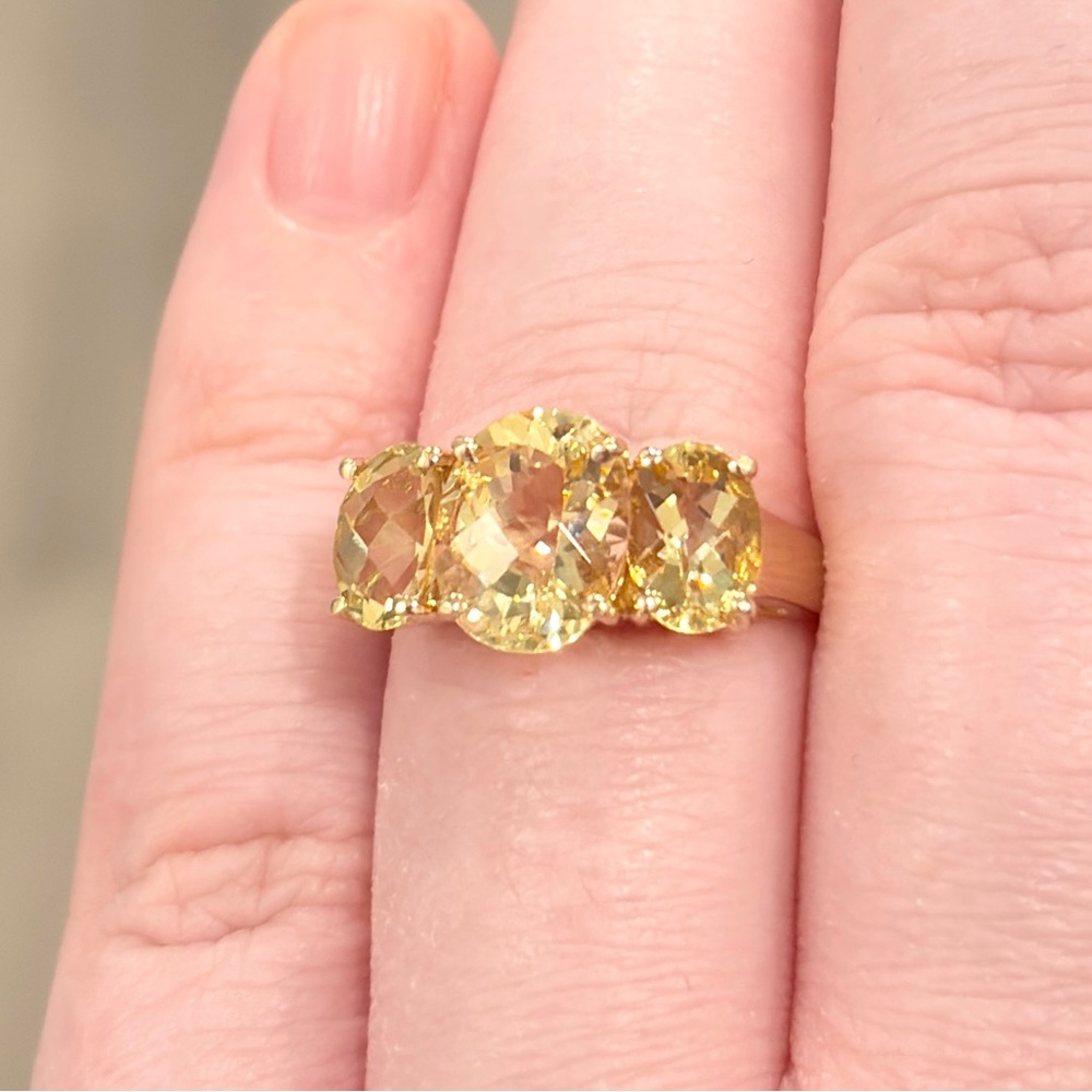 14K Golden Yellow Scapolite Ring Three Stone Oval Rose Cut 6.25 Clyde Duneier - Picture 8 of 16